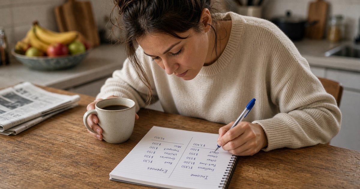 budgeting basics notebook with handwritten income and expenses columns at kitchen table