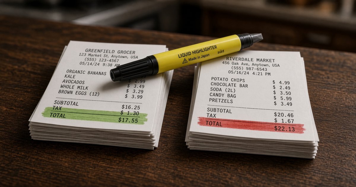 close-up of highlighted grocery receipts sorted into want and need piles