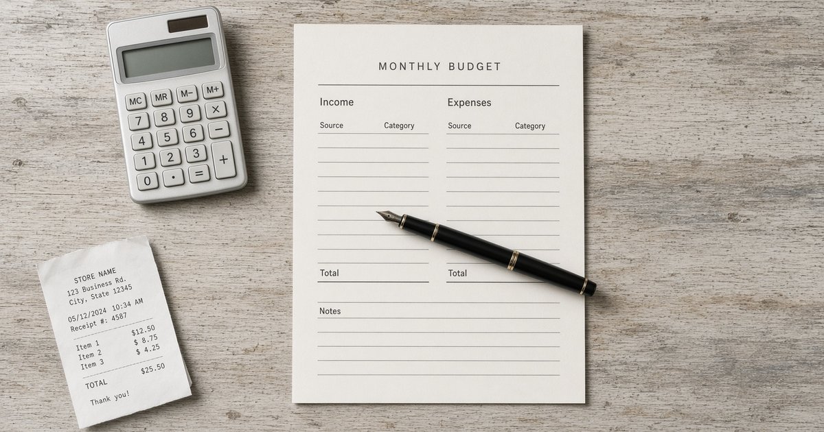 flat lay of calculator, pen, and blank monthly budget sheet on wood desk