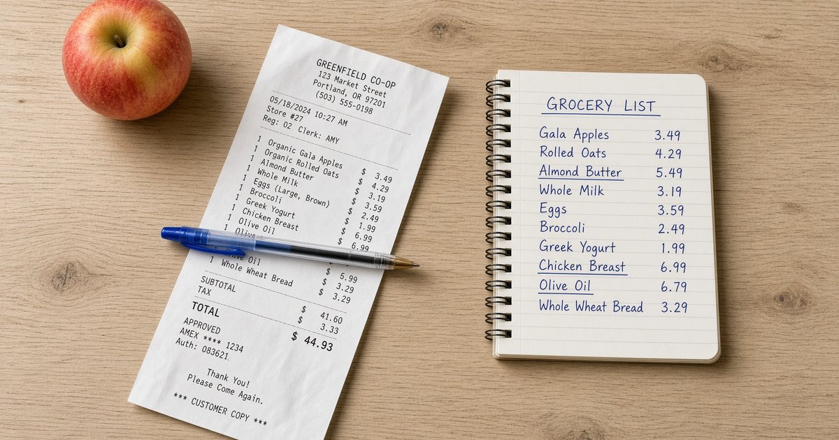 flat lay of a grocery receipt, pen, and small notebook listing memorized prices