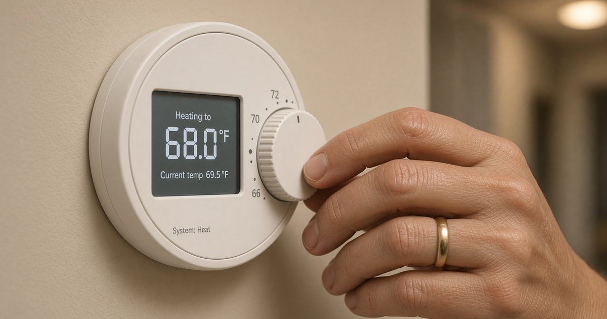 close-up of a hand turning down a home thermostat dial by one degree