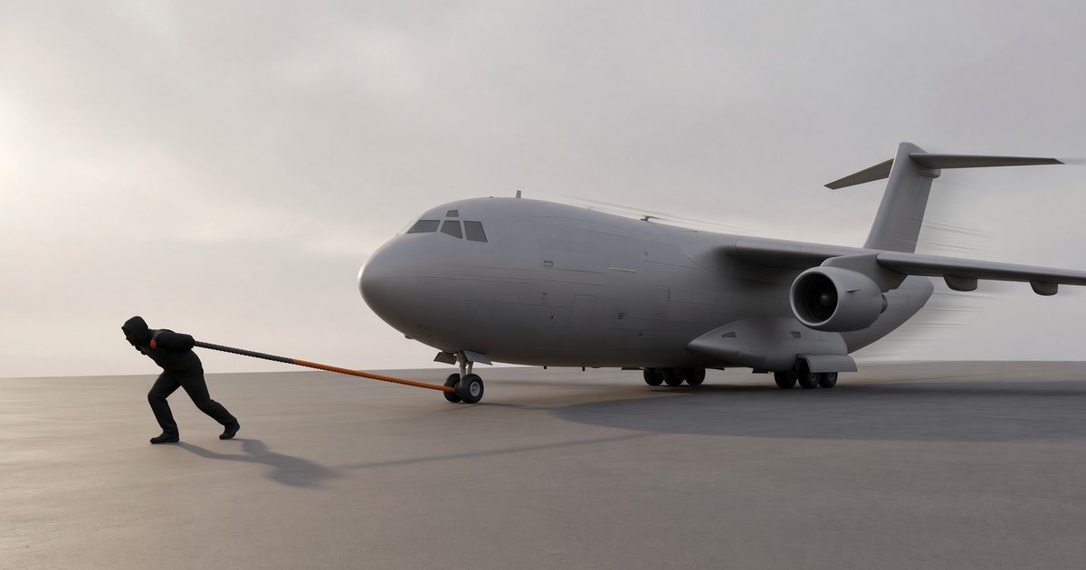 illustration of a heavy plane being pulled forward inch by inch by a thin rope, representing the 5 percent budgeting rule