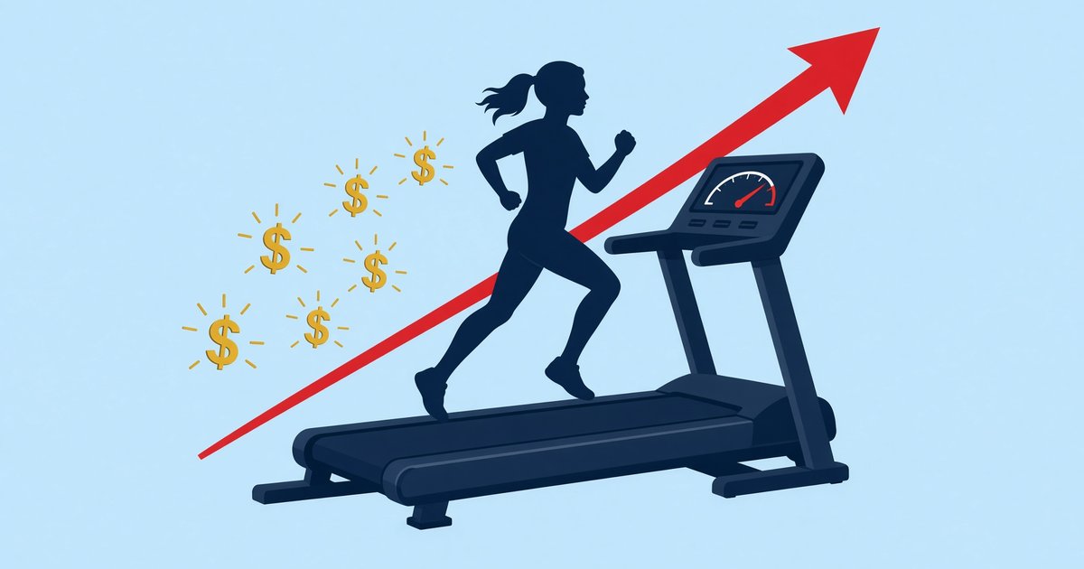 conceptual illustration of a treadmill with dollar signs speeding up to match a rising arrow, representing lifestyle creep
