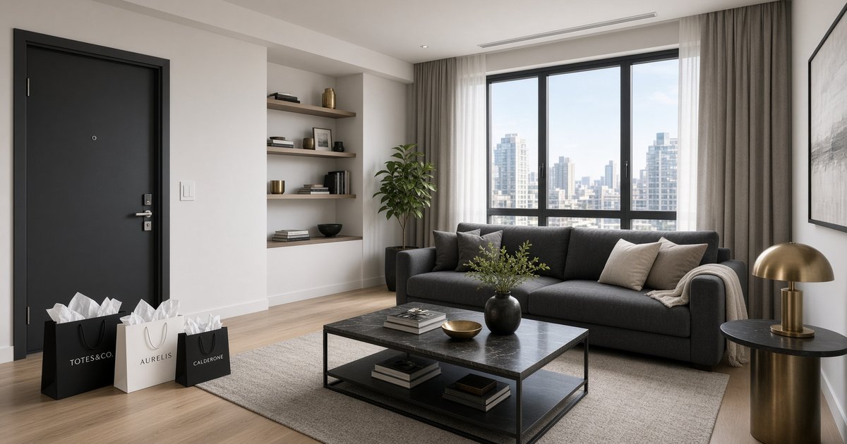 modern apartment living room with new furniture and shopping bags by the door, a sign of lifestyle creep