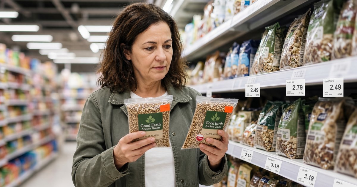 person comparing unit prices on two grocery shelf tags in a supermarket aisle, practicing grocery price awareness