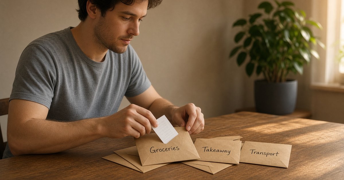 person sorting receipts into labeled budget envelopes at dining table