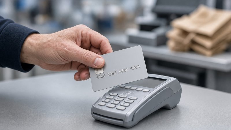 hand swiping credit card payment terminal store