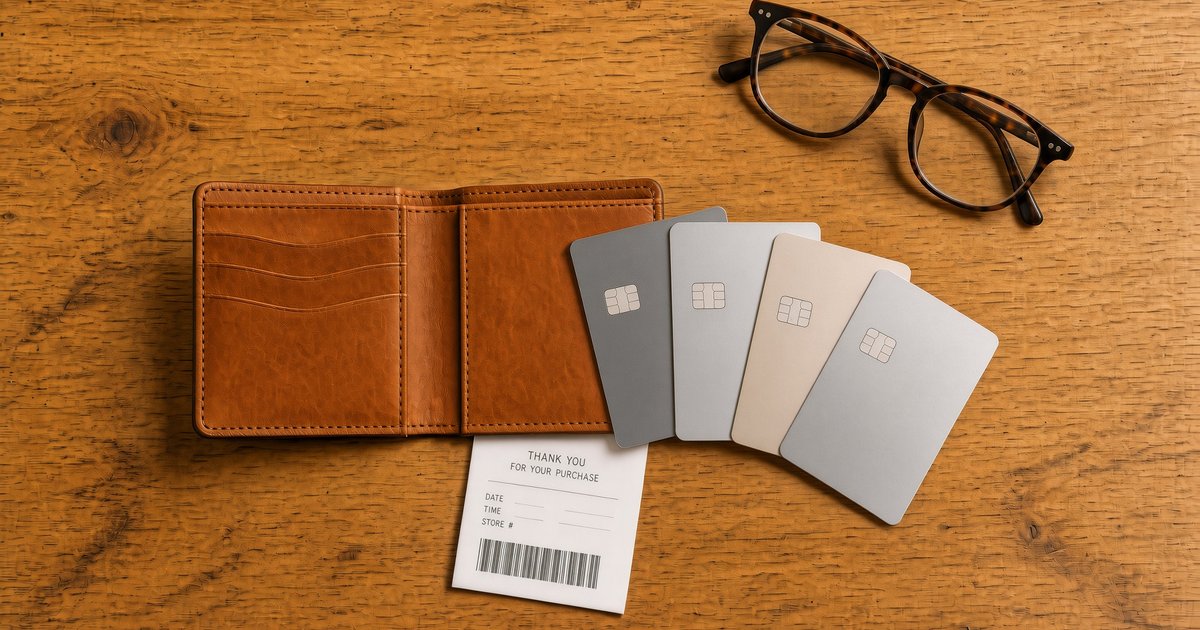 wallet multiple credit cards fanned wood desk